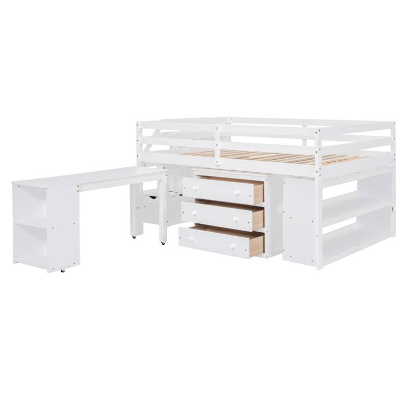 Space-Saving Full Loft Bed with Retractable Desk, Storage Stairs & 3 Drawers, White