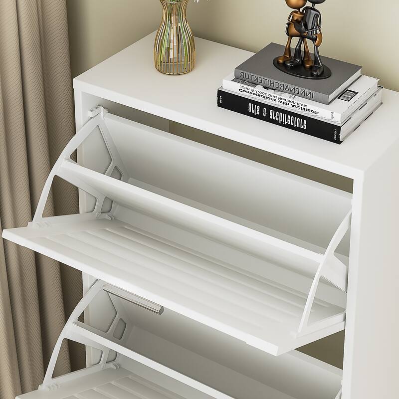 VECELO White 3-Tier Shoe Cabinet with Flip Drawer Silver Handles 47.24" Tall MDF Rack Removable laminate Design for Entryway