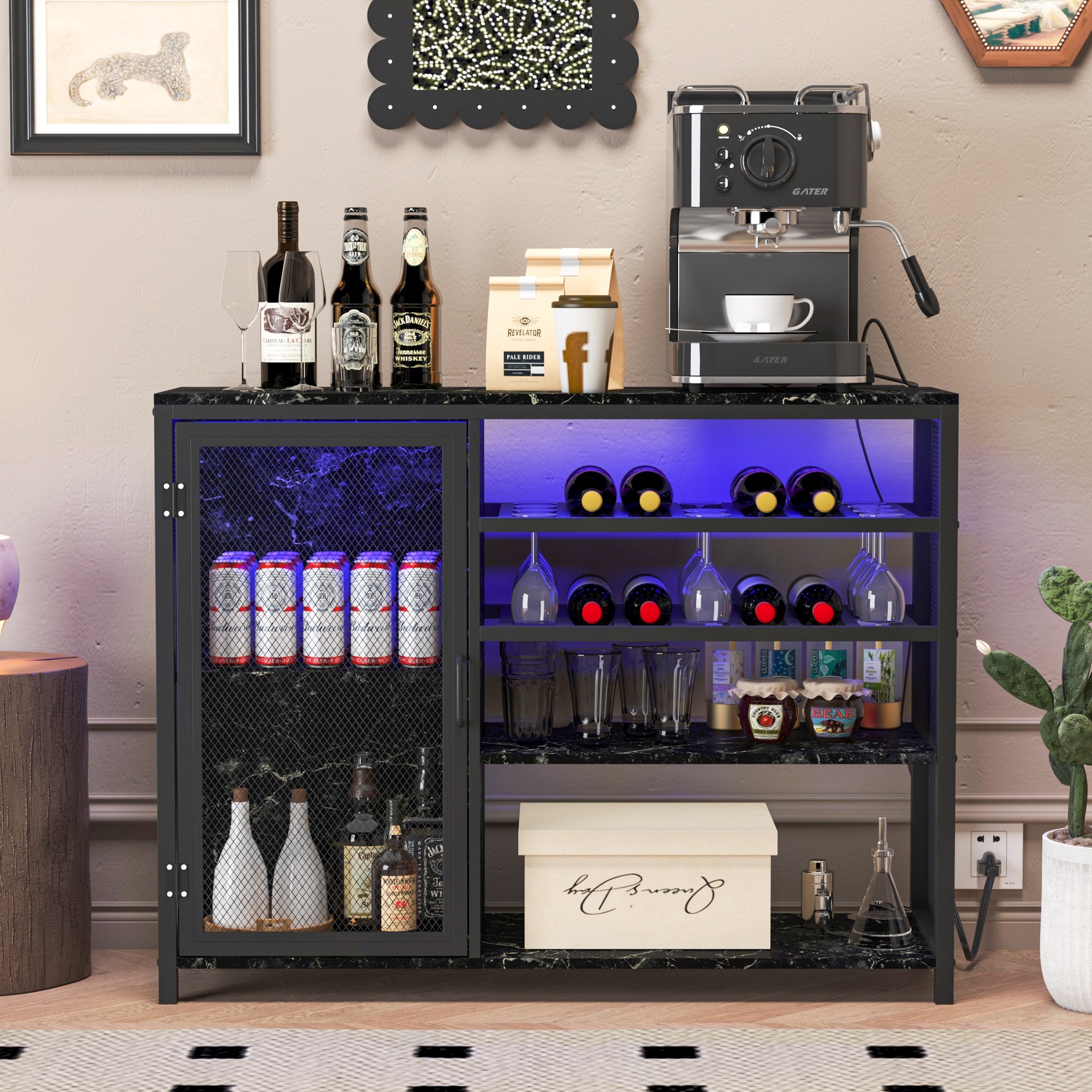 Bar Cabinet Wine Bar Cabinet Liquor Storage Credenza Sideboard with Wine Racks Stemware Holder With UAB socket Metal bracket Grey