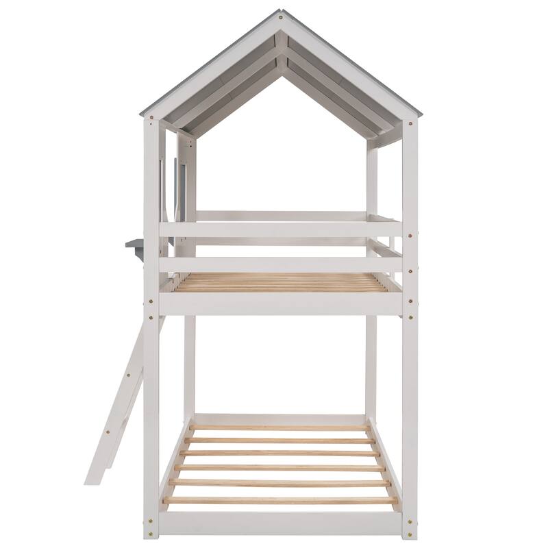 Bunk Bed Wood Bed with Roof, Window, Guardrail, Ladder