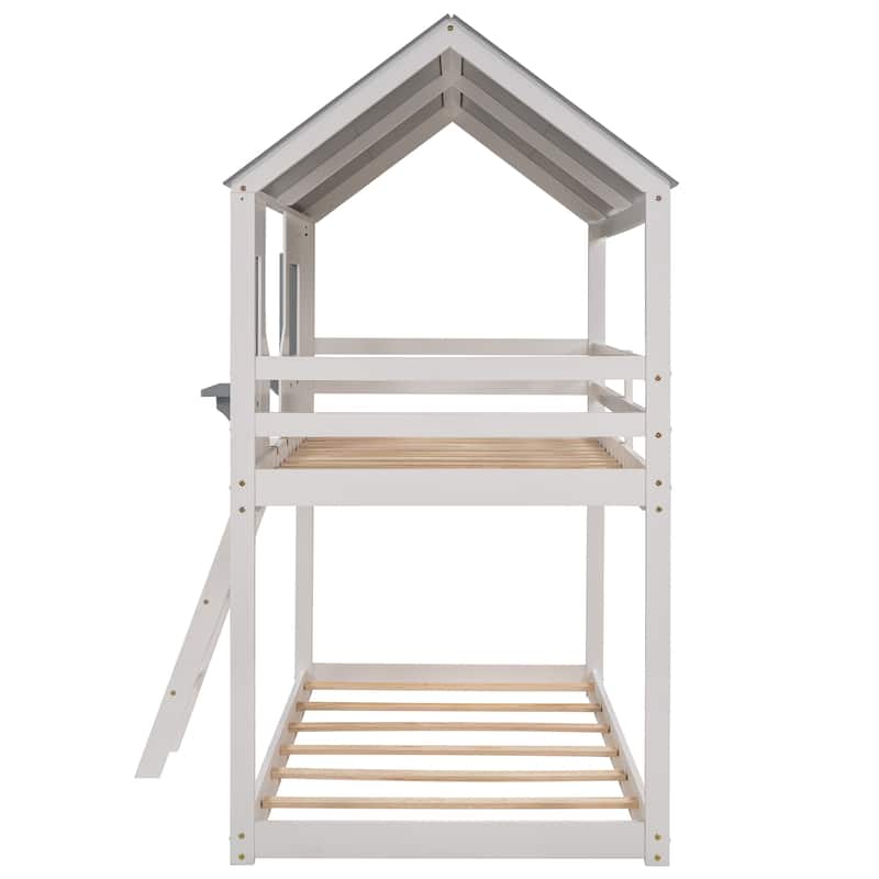 Twin over Twin Bunk Bed Wood Bed with Roof and Window, Ladder