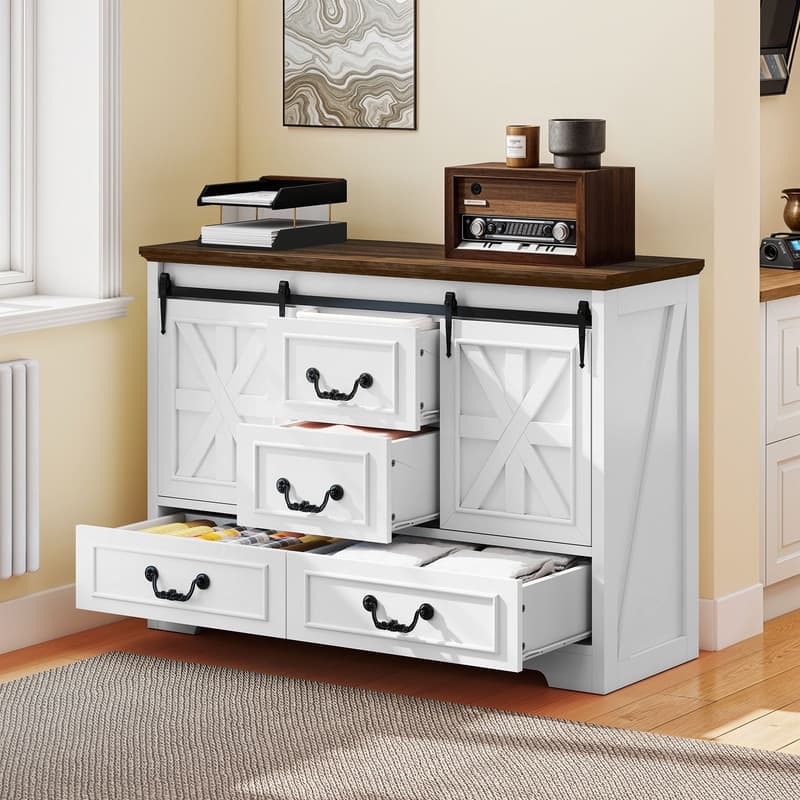 Moasis 47.2" Farmhouse Sideboard Buffet Cabinet with Sliding Barn Doors & 4 Drawers