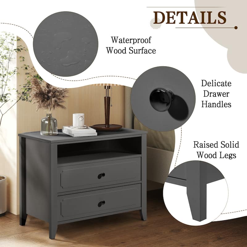 EROMMY Modern Wide Nightstand with 2 Drawers and Open Storage, Bedroom Bedside Table with Solid Wood Legs, Nightstand.