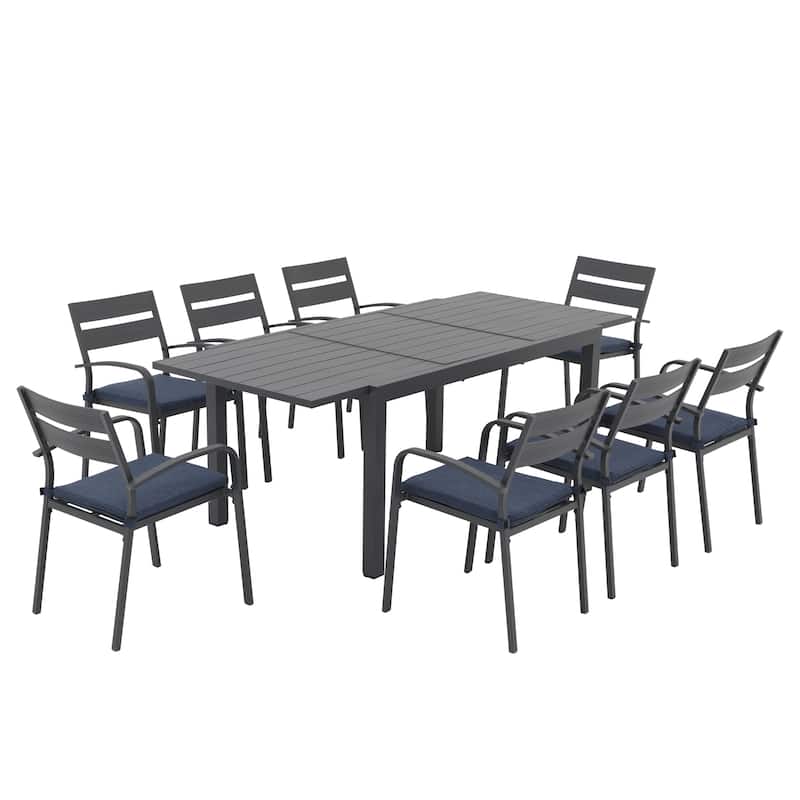 Outdoor 9-piece Aluminum Dining Set Stackable Chairs and Extendable Table