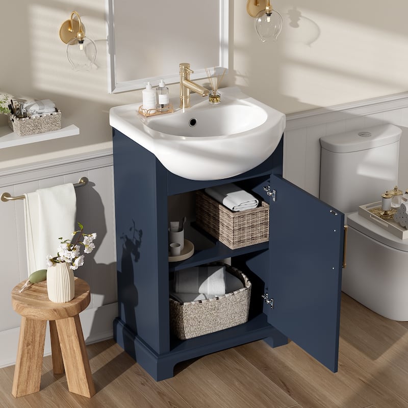 20-inch Bathroom Vanity with Ceramic Sink, Freestanding Single Vanity Set with Soft Closing Door, Bulged Ceramic Basin