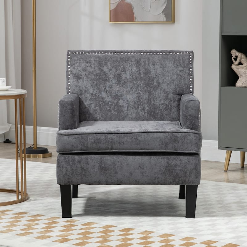 HOMCOM Modern Accent Chair, Upholstered Living Room Chair with Solid Wood Legs and Nailhead Trim, Dark Gray