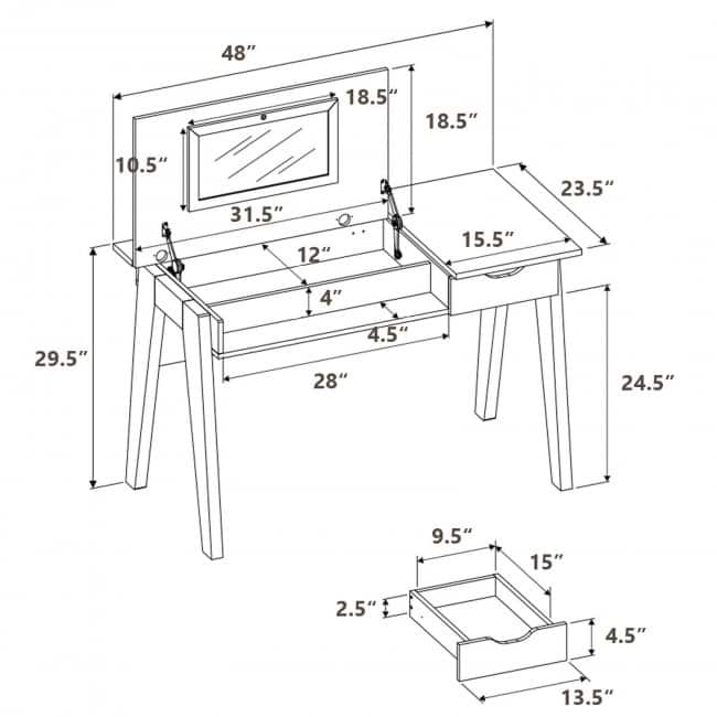 Dressing Table with Flip Mirror and Storage Drawer - 48” x 23.5” x 29.5” (L x W x H)