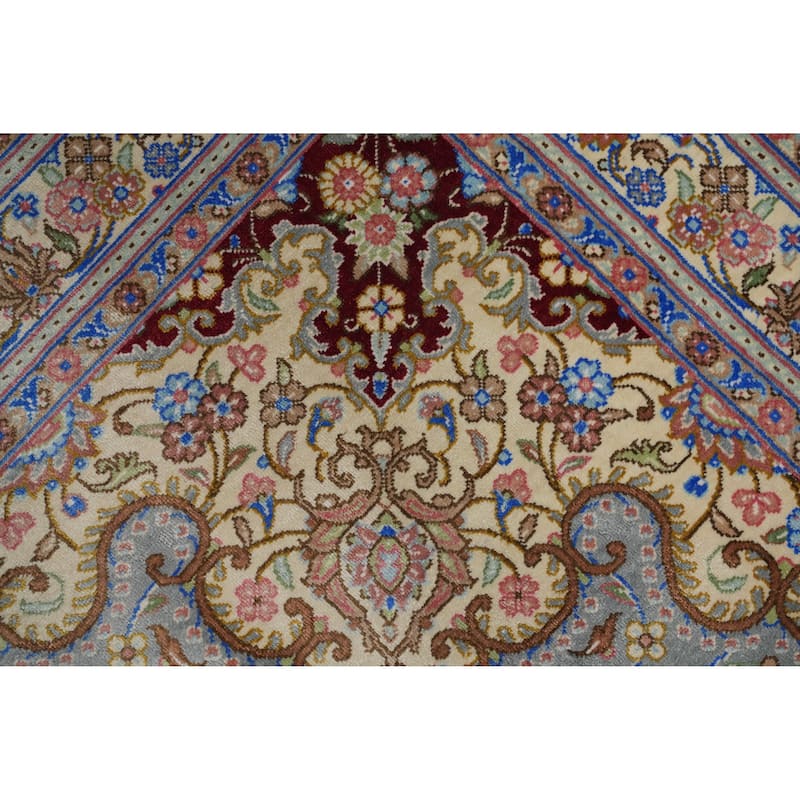 Hand Knotted Oriental 100% Silk Carpet Traditional Floral Red Qum Area Rug - 13' 2'' X 9' 7''