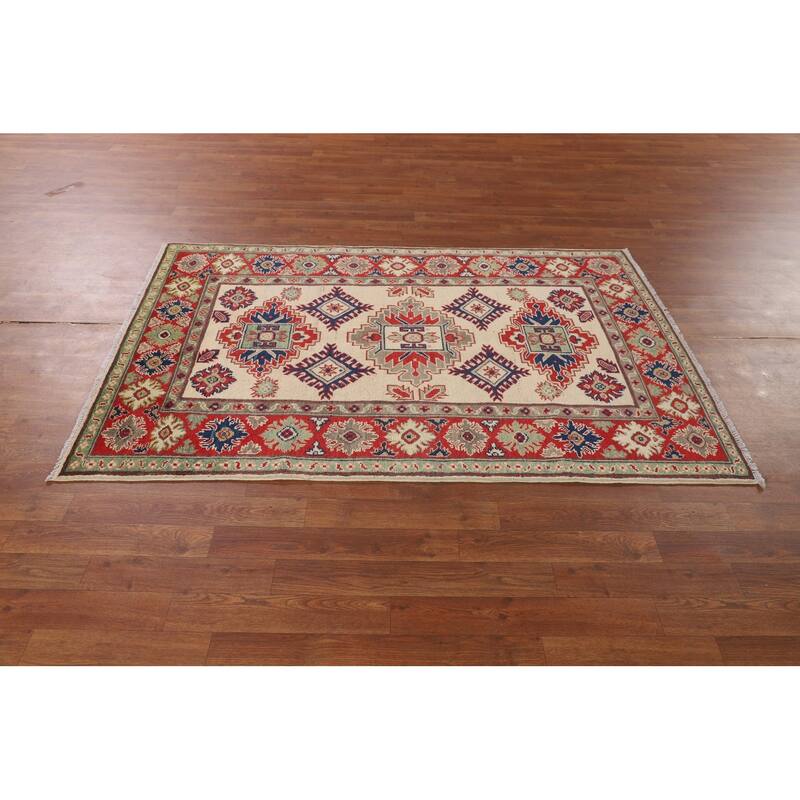 Beige / Ivory Kazak Area Rug Hand-Knotted Oriental Wool Carpet - 3'9" x 5'10"