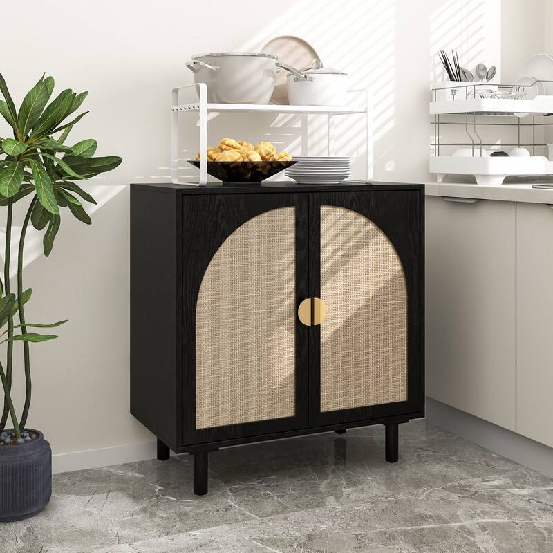 Rustic Style Living Room Storage Cabinet with Rattan Decorative Doors