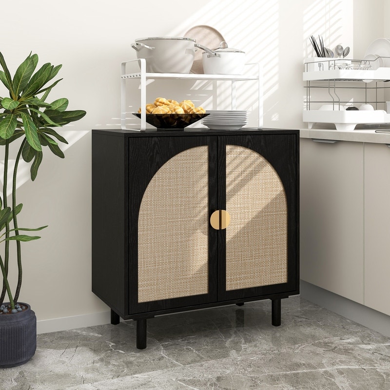 Wooden Rattan Wicker 2 Doors Accent Cabinet for Bedroom - Bed Bath