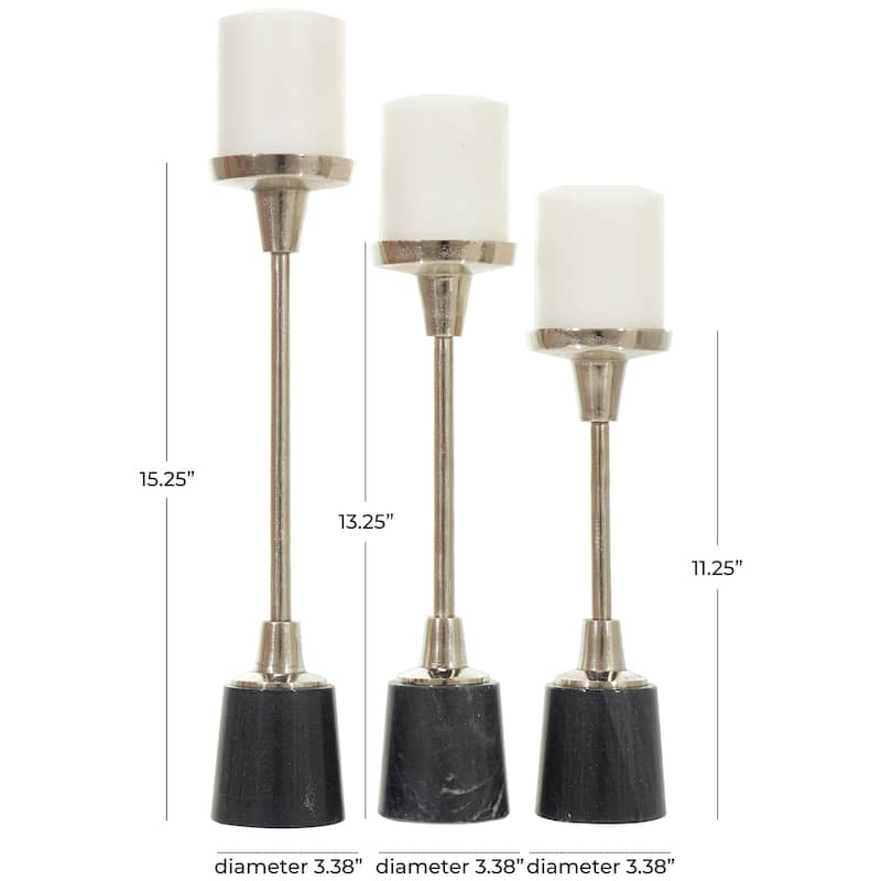 Silver Aluminum Slim Geometric Candle Holder with Black Marble Base (Set of 3)