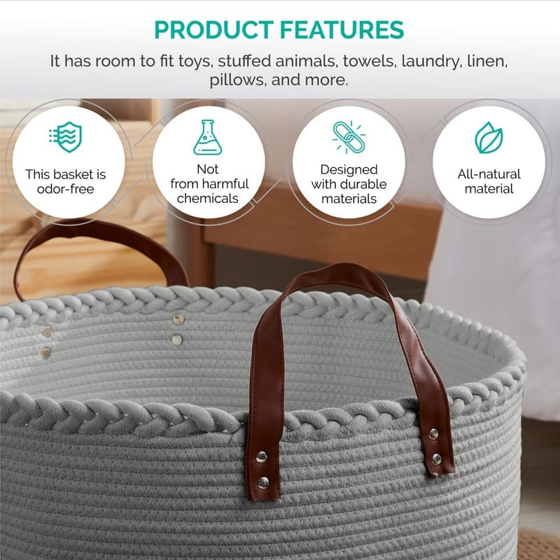Large Round Cotton Rope Storage Basket Laundry Hamper with Leather Handles, 21 x 21 x 14 - 21" x 21" x 14"
