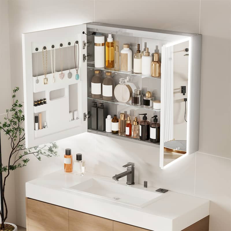 Wall Mounted Medicine Cabinet Bathroom Cabinet Jewelry Organizer with Bluetooth Dual Speakers Adjustable Glass Shelves