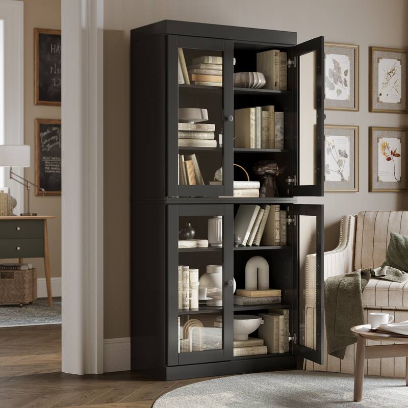 Palace Imports Solid Wood 6-Shelf Bookcase, Clear Glass Doors, Adjustable Shelves