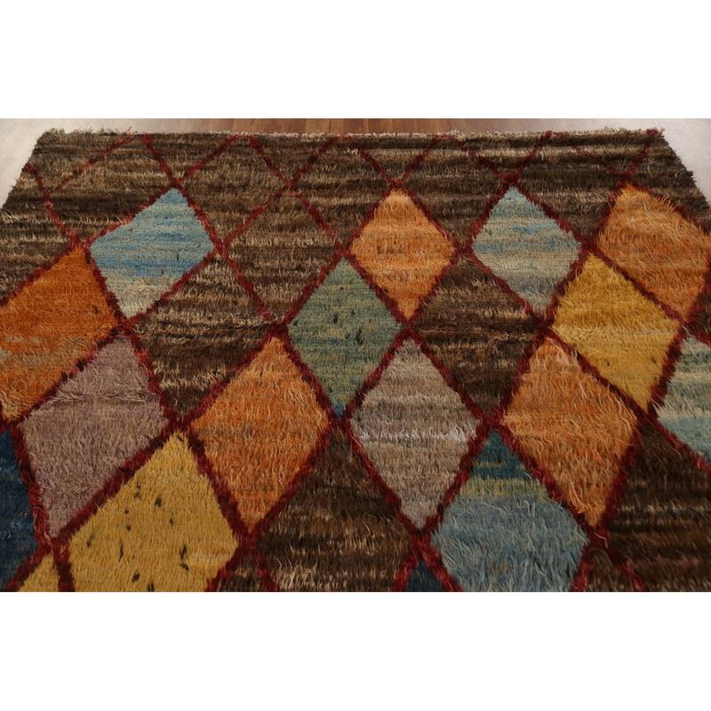 Hand Knotted Oriental 100% Wool Carpet Tribal Trellis Brown Moroccan Area Rug - 9' 4'' X 6' 11''