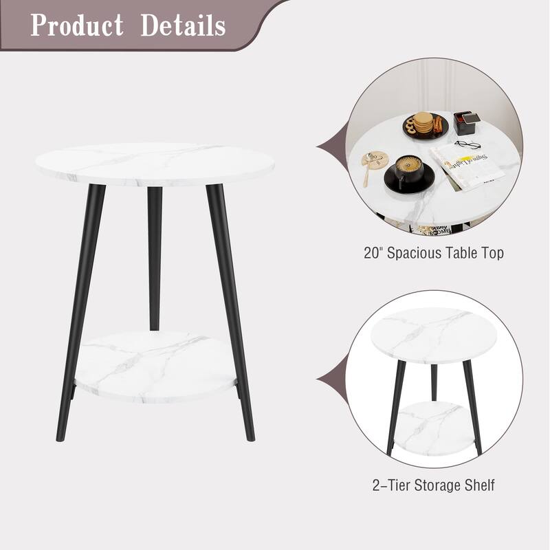 Round End Table Modern White Side Table for Living Room Bedroom Nightstand Accent Table with 2-Tier Faux Marble Wood Top
