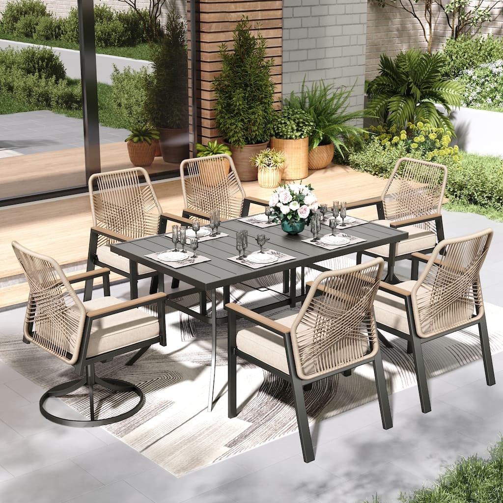 MAISON ARTS 7 Pieces Outdoor Patio Dining Set with Dining Table and Cushioned Woven Rattan Dining Chairs