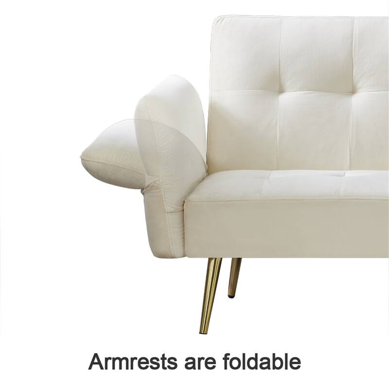 Velvet Futon Sofa Bed with Folded Armrests