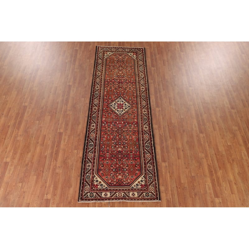 Geometric / Medallion Hamedan Vintage Runner Rug Handmade Wool Carpet - 3'5"x 10'4"