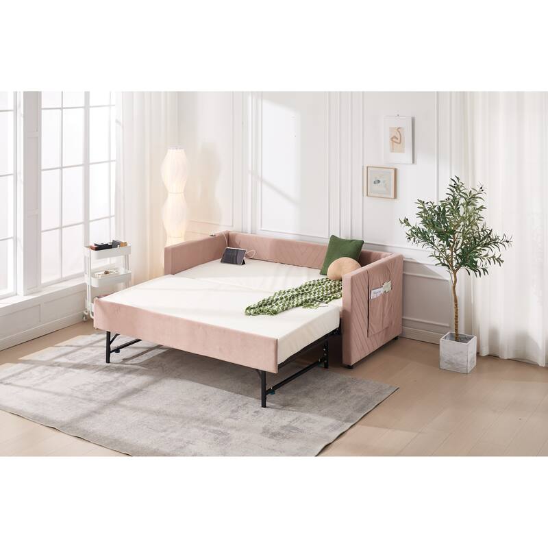 Twin Size Velvet Daybed with Trundle, USB Charging Port & Side Pockets, Modern Upholstered Sofa Bed with V-Pattern Backrest