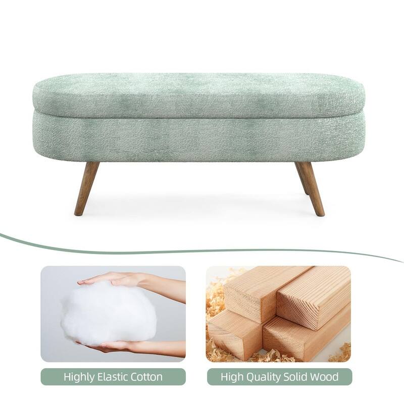 44" Beige Boucle Storage Ottoman Bench for Living Room Bedroom,Oval Storage Bench Ottoman Foot Rest Wood Legs