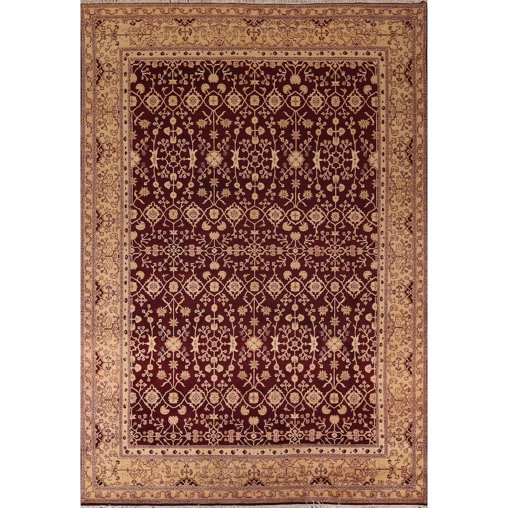 All-Over Floral Red Agra Indian Area Rug Handmade Wool Carpet - 9'0" X 12'3"