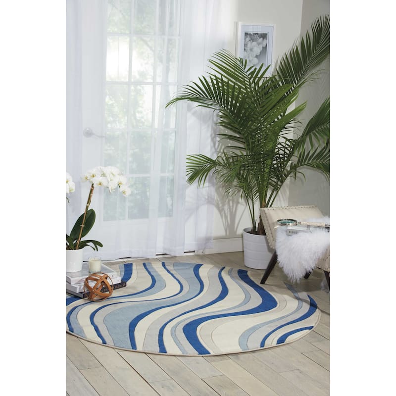 Nourison Somerset Modern Transitional Wave Area Rug - 5'6" Round - Ivory/Blue - Runner/Round