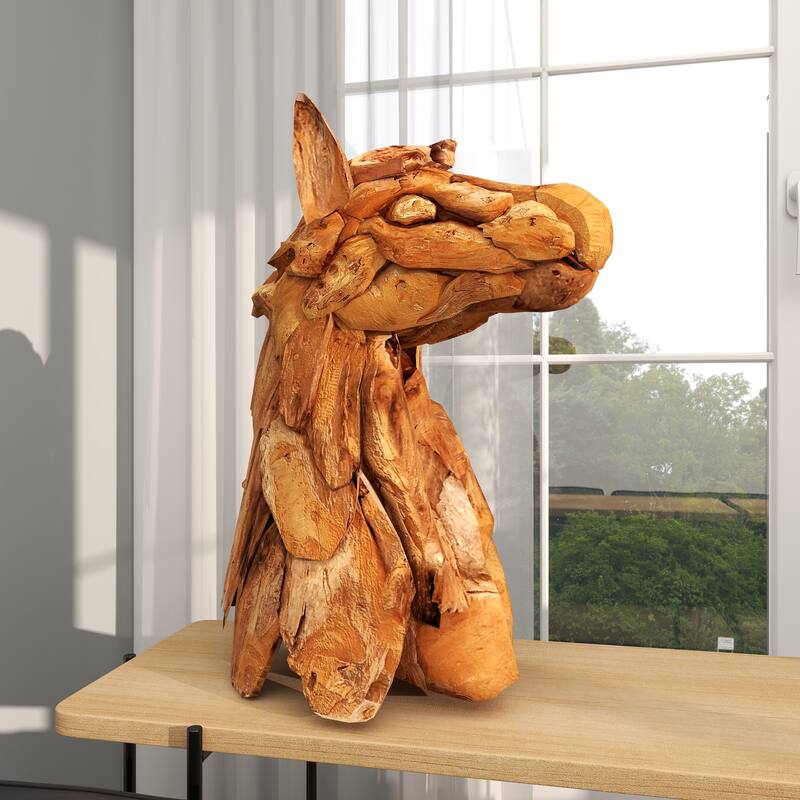 Brown Teak Wood Handmade Head Horse Decorative Sculpture with Layered Woodchip Pieces