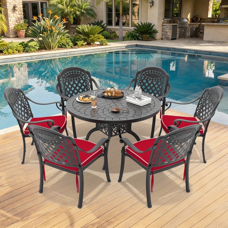 47.24in Round Black Cast Aluminum Outdoor Dining Table & 6 Outdoor Chairs with Cushions(7-Piece Set)