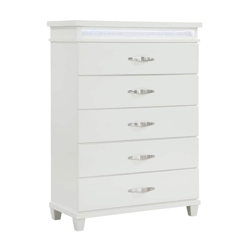 Jisy Tall Dresser Chest, 5 Drawer Chrome Bar Handles, LED Lit, White