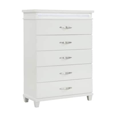 Jisy Tall Dresser Chest, 5 Drawer Chrome Bar Handles, LED Lit, White