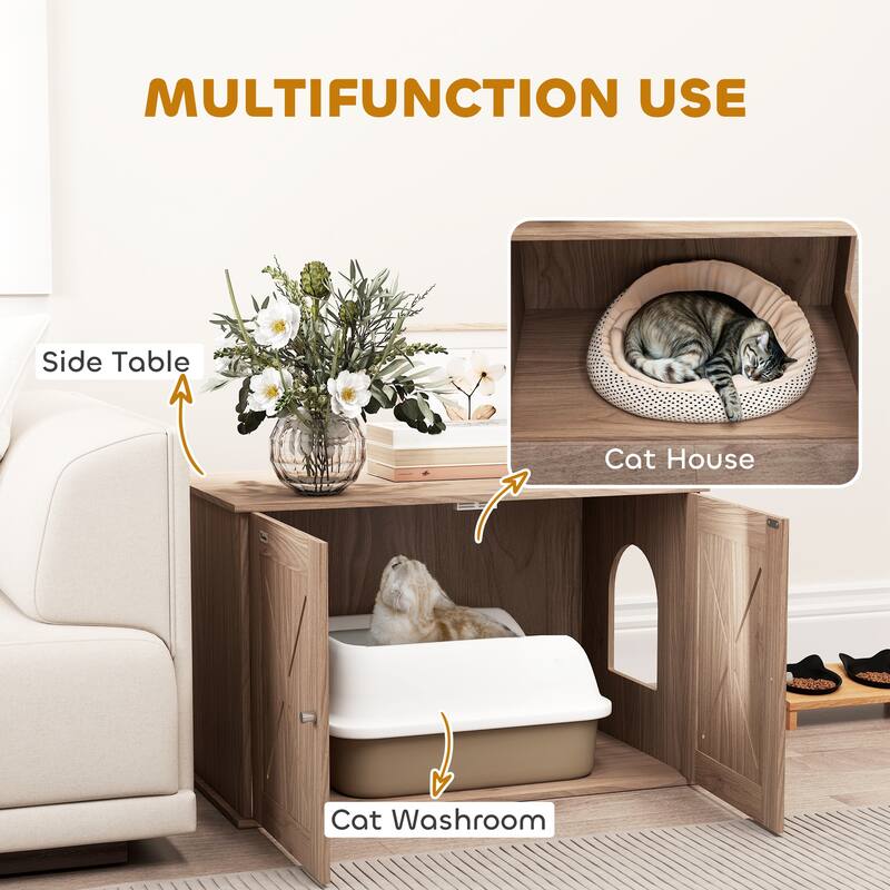 PawHut Cat Litter Box Enclosure, Hidden Cat Litter Box Furniture with Ventilated Door, Cat Hole, Walnut