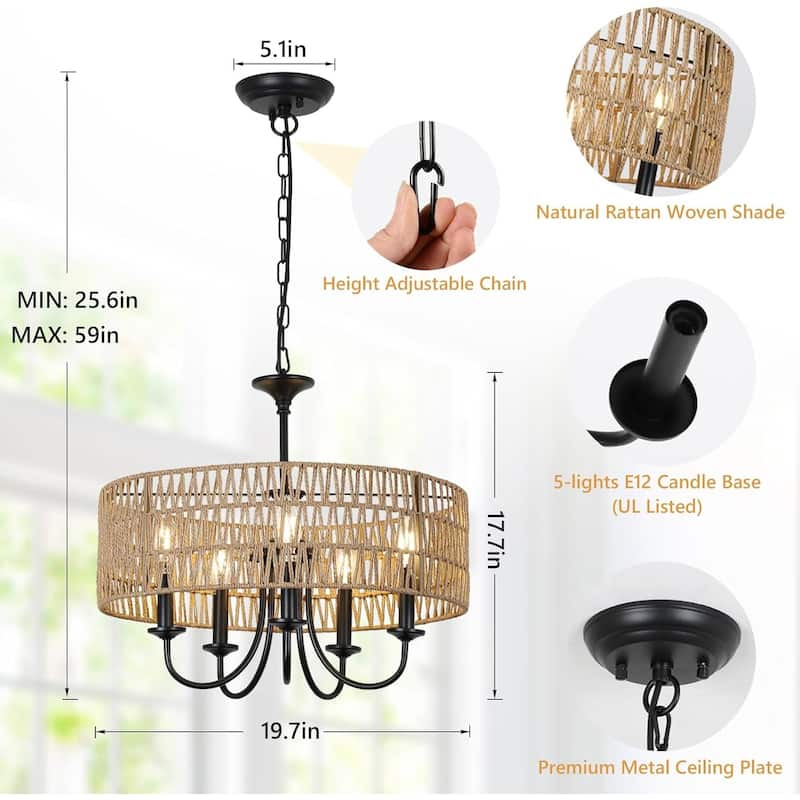 Farmhouse Chandelier Light Fixtures, 5-Lights Large Rattan Pendant Lighting with Hand Woven Wicker Shade,Boho Black Chandeliers