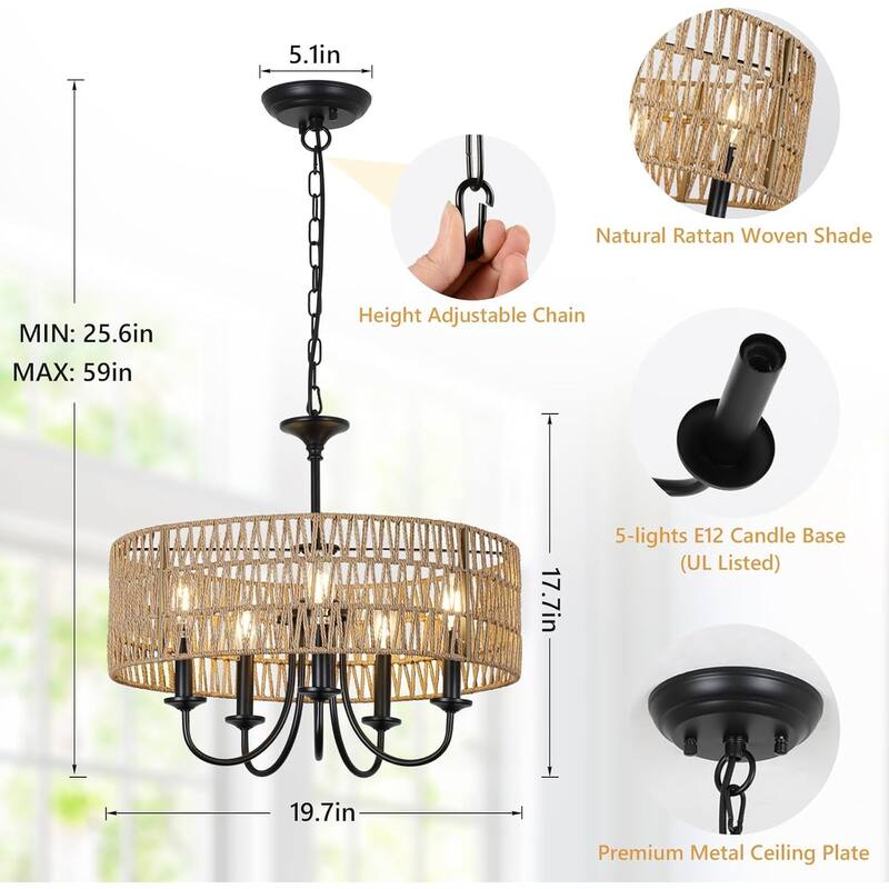 Large Boho Rattan Pendant Light, 5-Light Farmhouse Chandelier with Adjustable Height for Living Room or Bedroom