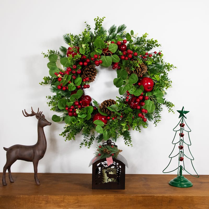 Crabapple Berries Boxwood Pine Artificial Christmas Wreath 26" Unlit