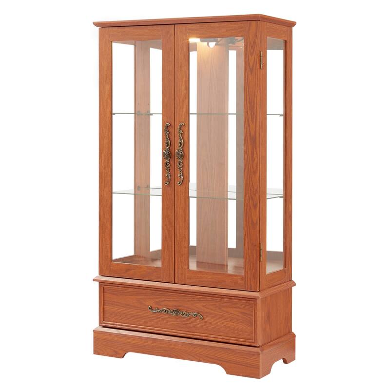 GDFStudio - Traditional Storage Lighted Curio Display Cabinet with Glass Doors and Drawer