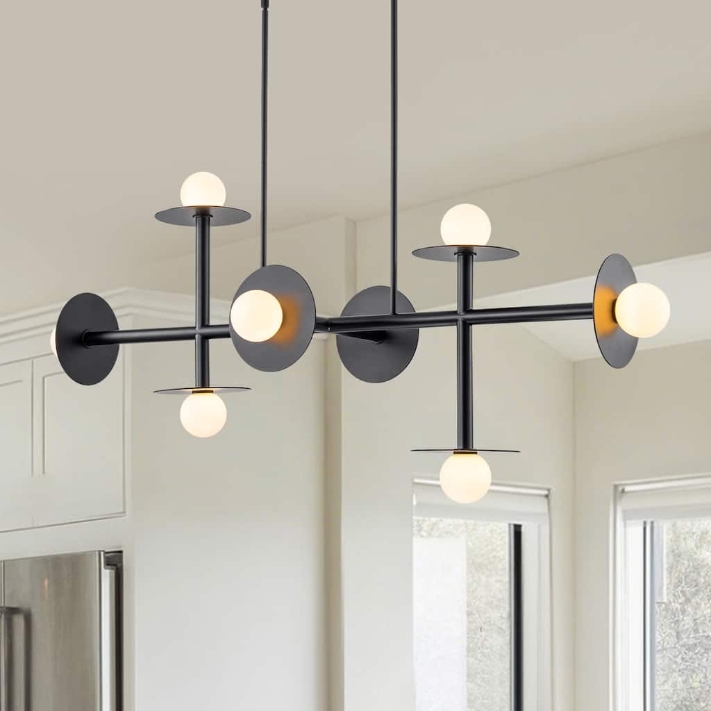 8-Light Matte Black Linear Chandelier with Opal Glass Globe Shades - W 53.15-in