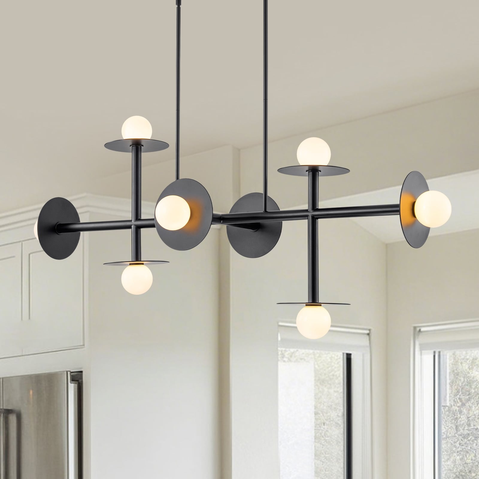 8-Light Matte Black Linear Chandelier with Opal Glass Globe Shades - W 53.15-in