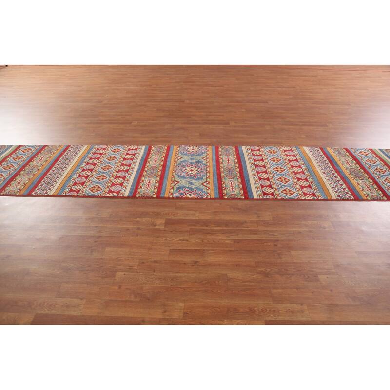 Hand Knotted Oriental 100% Wool Carpet Traditional All-Over Multi-Colored Kazak Runner Rug - 13' 11'' X 2' 6''