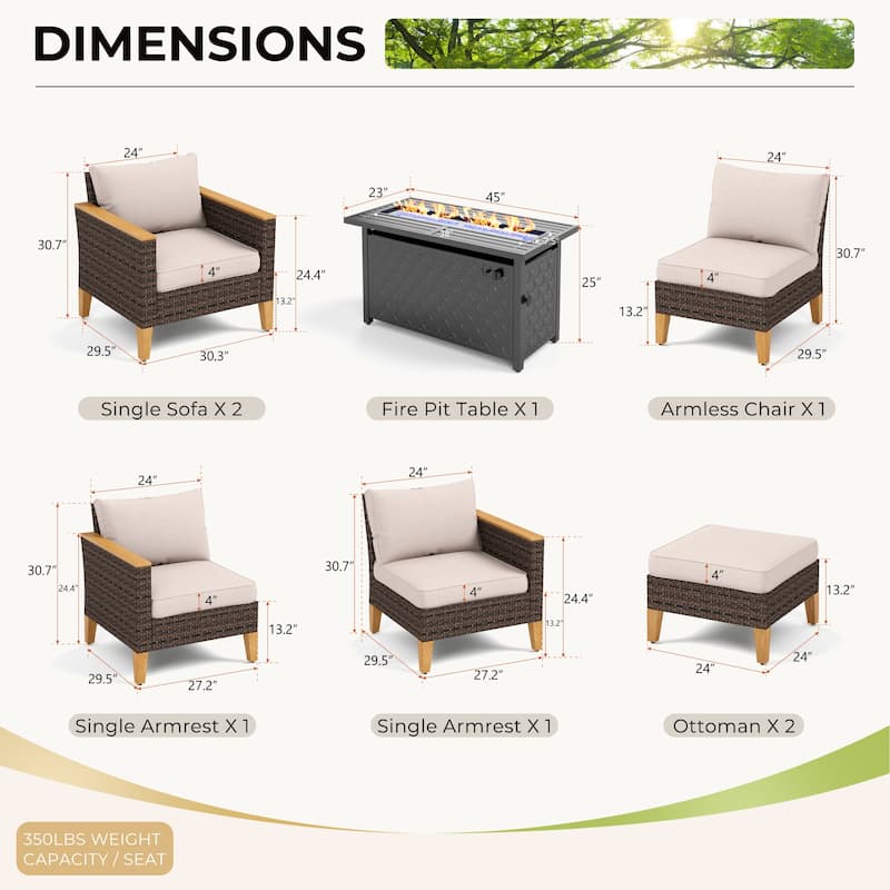 8-Piece Patio Outdoor Wicker Sectional Sofa Set, Large Seating Furniture Conversation Sets with Fire Pit Table