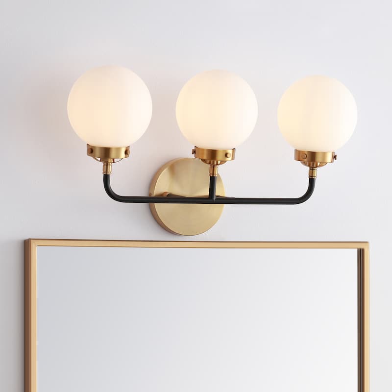Bevin Contemporary Transitional Iron/Glass LED Vanity Light, by JONATHAN Y - 3-Light - Brass Gold/Black