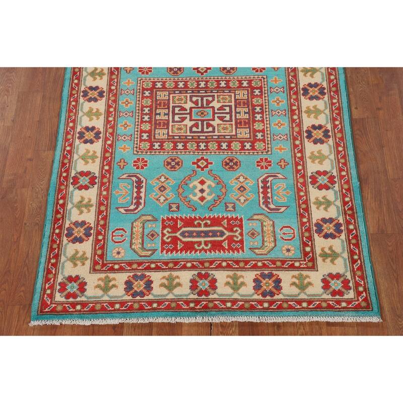 Turquoise Blue Kazak Oriental Accent Rug Handmade Wool Carpet - 3'3" x 4'11"