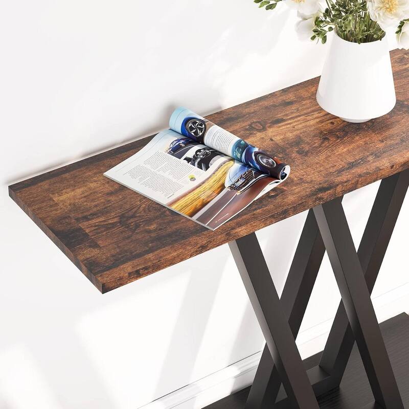 Brown Black MDF Metal Console Entryway Table with V Base Industrial Design - 43.31''L x 11.81”W x31.5”H