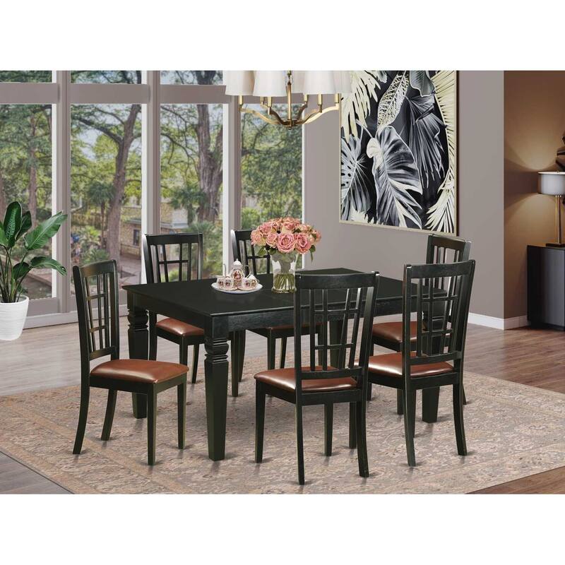 HomeStock 7-Piece Rectangle Black Finish Solid Wood Top Dining Table with 6 Chairs with Lattice Back