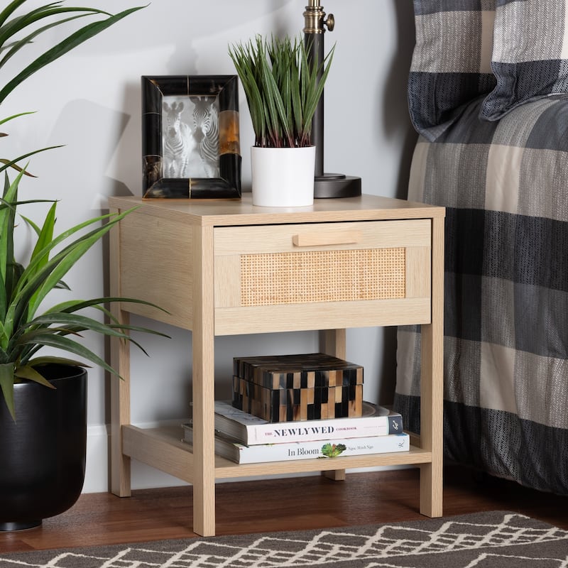 Baxton Studio Sebille Mid-Century Modern Light Brown Finished Wood 1-Drawer End Table with Natural Rattan