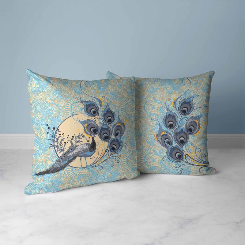 Skyblue And Dutch Paisley Peacock Dreams Faux Suede Throw Pillow Zipper
