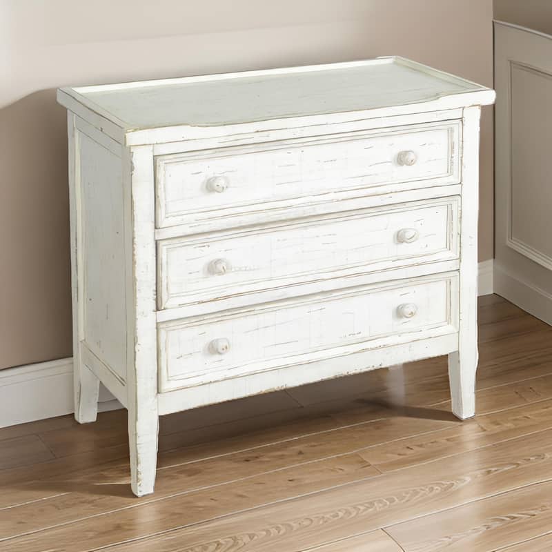 Rena Side End Table with 3 Drawers, 28 Inch Rustic White Mahogany Wood