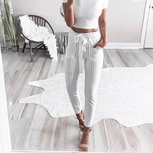 Shop Fashion Summer Women Harem Pants Striped Ol High Waist Elastic Bow Tie Drawstring Pockets Ladies Casual Trousers Mx8 Overstock 26965217