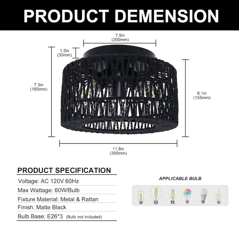 Black Woven Flush Mount Light Fixture Rustic Industrial Hemp Rope Round Ceiling Light - 11.8
